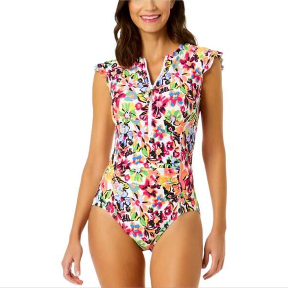 Anne Cole Sun Blossom Flutter Sleeve Zip Up Rash Guard One Piece Swimsuit Sz 10 - Picture 1 of 15